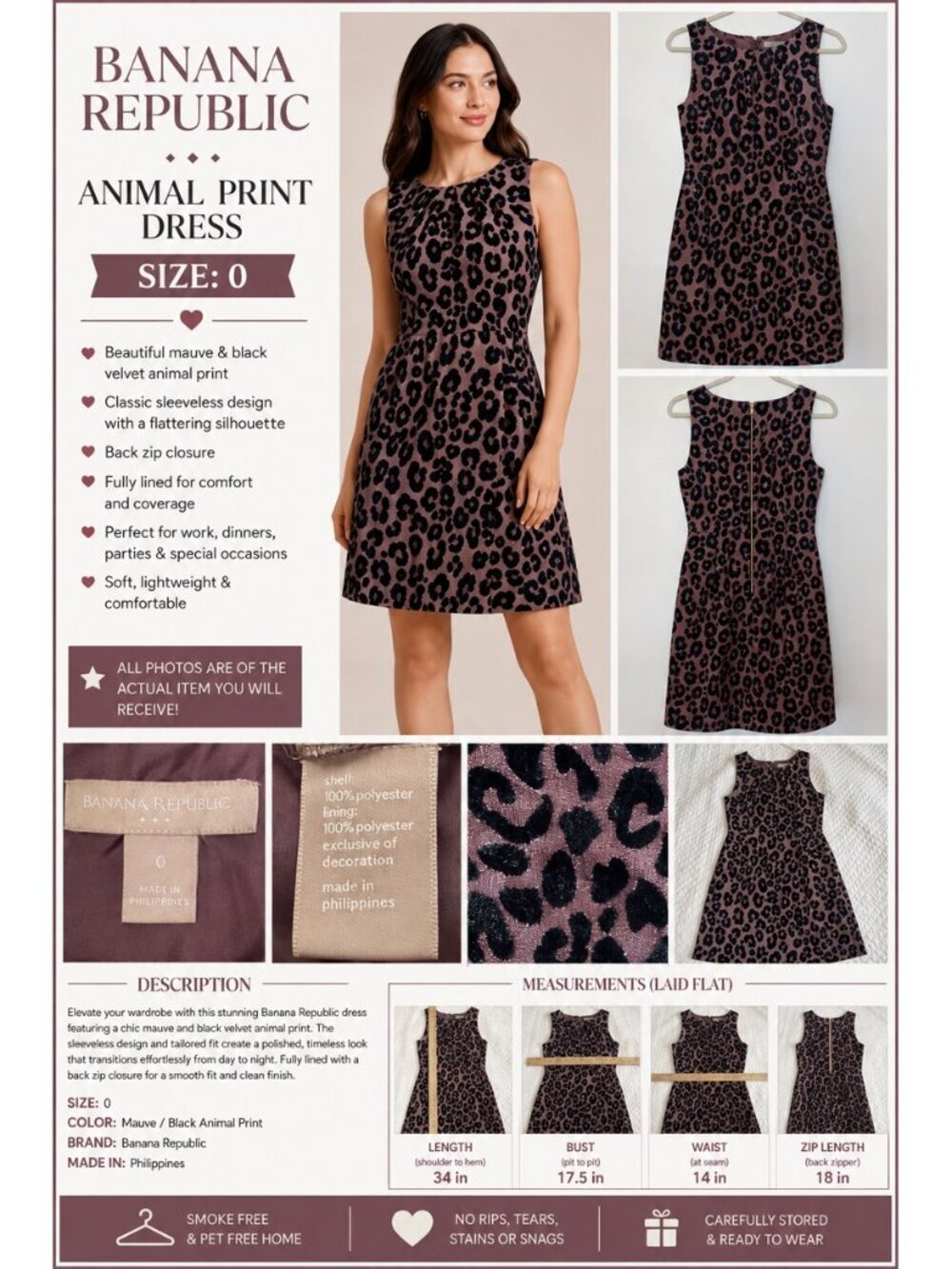 Banana Republic Sleeveless Animal Print Sheath Dress Size 0 Fully Lined Career